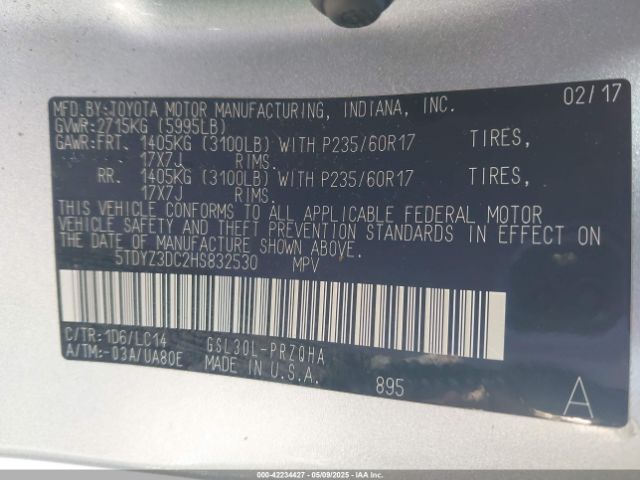 5TDYZ3DC2HS832530 Toyota Sienna Xle 8 Passenger