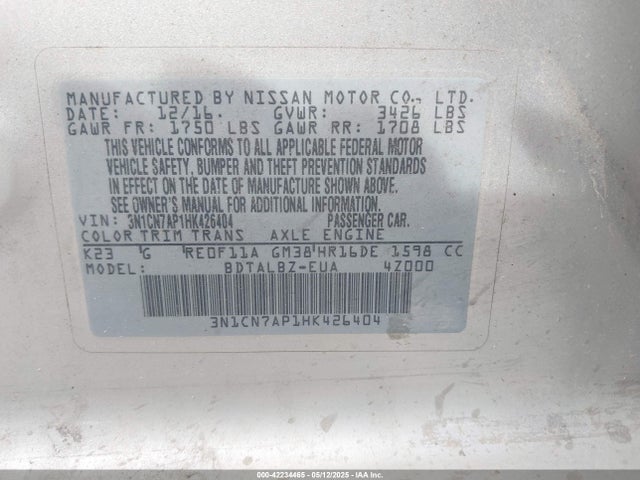 3N1CN7AP1HK426404 Nissan Versa 1.6 Sv
