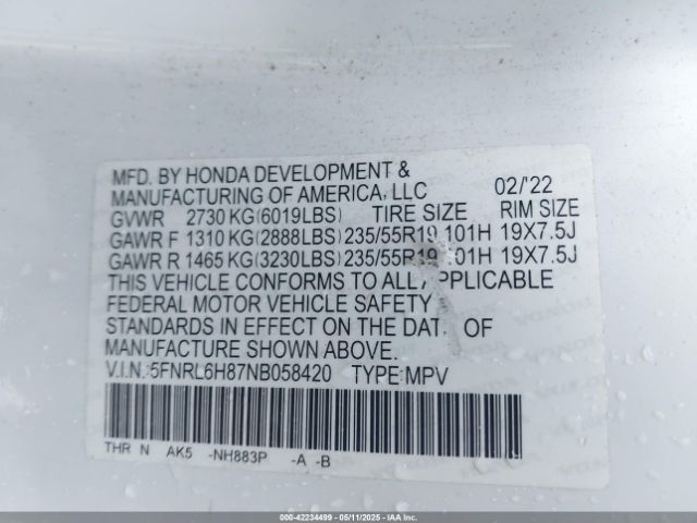 2022 HONDA ODYSSEY 5FNRL6H87NB058420 Photo 8