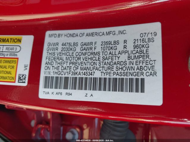 1HGCV1F39KA145347 Honda Accord Sport
