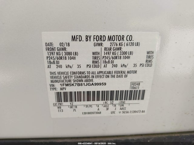 1FM5K7B81JGA99959 Ford 3.5l ti-vct