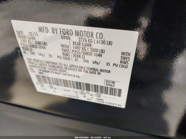 Aukcja sprzedaży 2015 Ford Explorer Limited, vin: 1FM5K7F80FGC01916, numer aukcji: 42234564