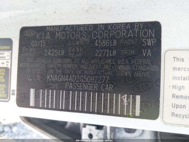 KNAGN4AD2G5092277 KIA Optima Hybrid Ex