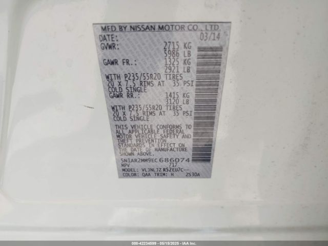 5N1AR2MM9EC686074 Nissan Pathfinder Platinum