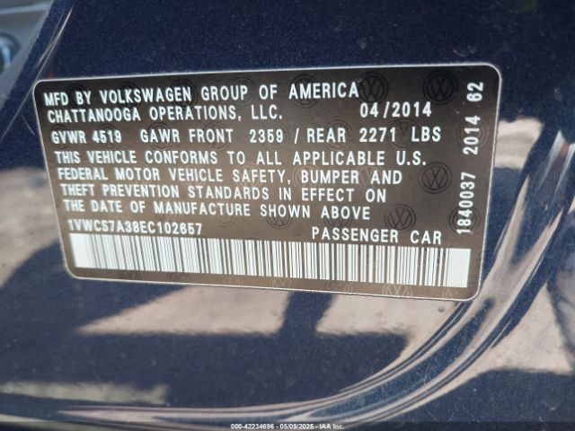 1VWCS7A38EC102657 Volkswagen Passat 1.8t Sel Premium