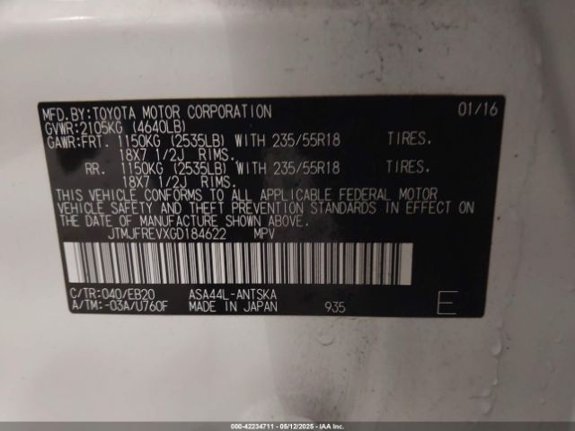 JTMJFREVXGD184622 Toyota RAV4 SE