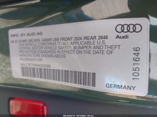 WAUCBCF50NA032585 Audi A5 Sportback Premium Plus 40 Tfsi Quattro S Tronic