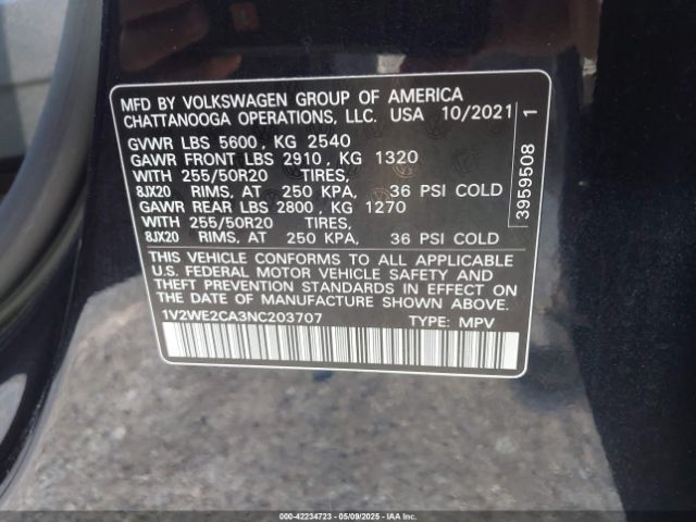 1V2WE2CA3NC203707 Volkswagen Atlas Cross Sport 3.6l V6 Se W/technology