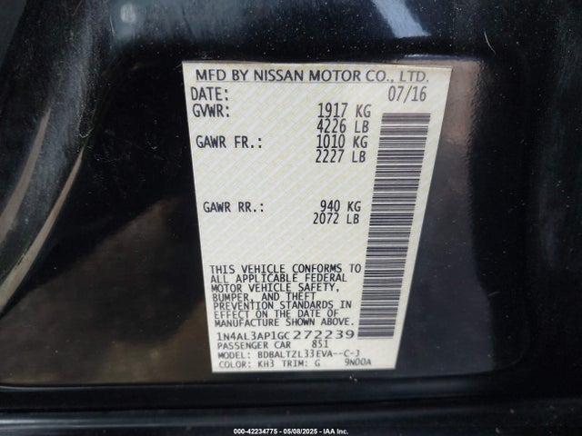 Aukcja sprzedaży 2016 Nissan Altima 2.5 Sl, vin: 1N4AL3AP1GC272239, numer aukcji: 42234775