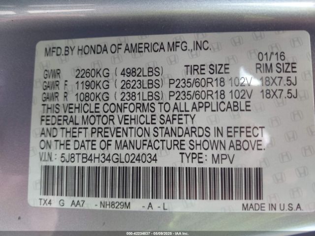 5J8TB4H34GL024034 Acura Rdx Acurawatch Plus Package