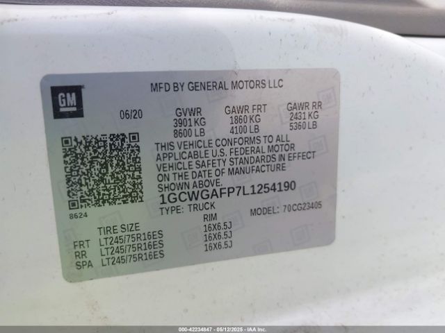 1GCWGAFP7L1254190 Chevrolet Express Cargo Rwd 2500 Regular Wheelbase Wt