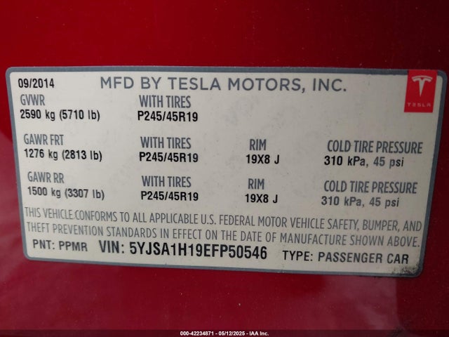 2014 TESLA MODEL S 5YJSA1H19EFP50546 Photo 8