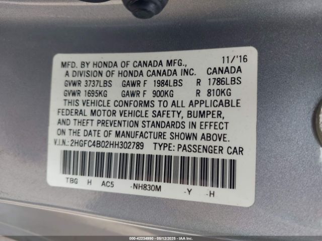 2HGFC4B02HH302789 Honda Civic Lx-p