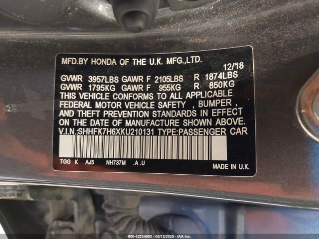 SHHFK7H6XKU210131 Honda l15ba