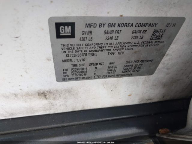 KL7CJRSB7FB107845 Chevrolet Trax Lt