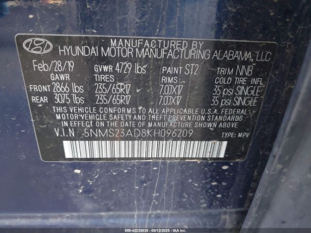 5NMS23AD8KH096209 Hyundai Santa Fe Se