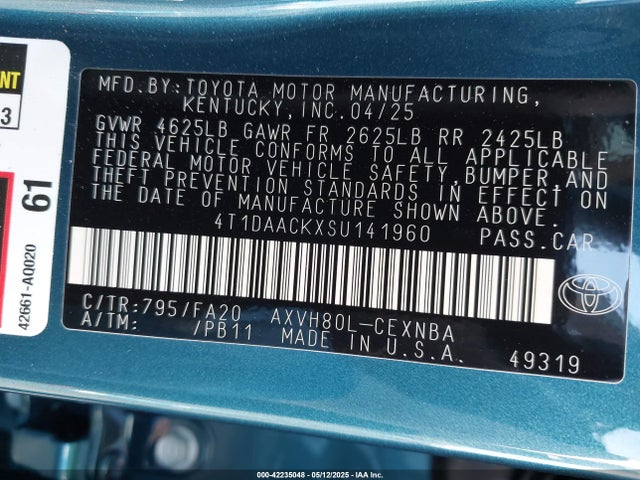 4T1DAACKXSU141960 Toyota a25a-fxs