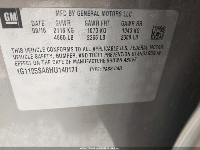 1G1105SA6HU140171 Chevrolet lcv -sidi: spark ignited direct injection, dcvcp, vvt: variable valve timing, e85 max, e0-e100, alum