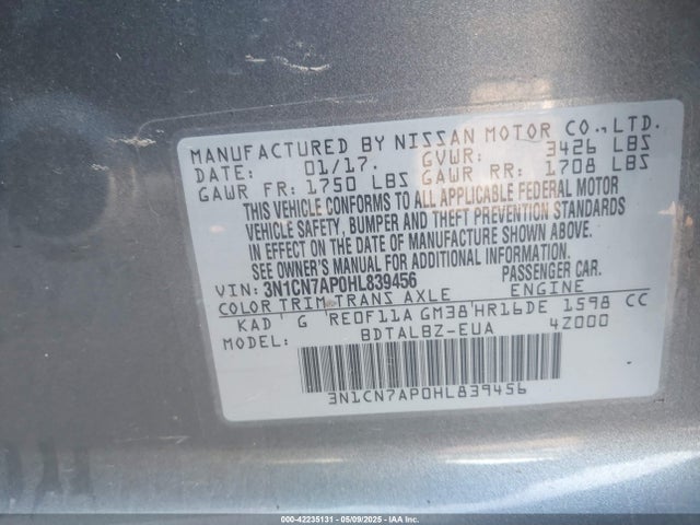 3N1CN7AP0HL839456 Nissan Versa 1.6 Sv