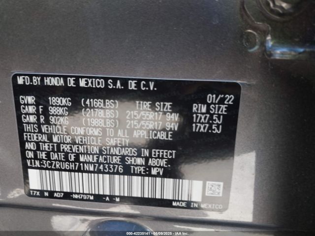 3CZRU6H71NM743376 Honda Hr-v Awd Ex-l