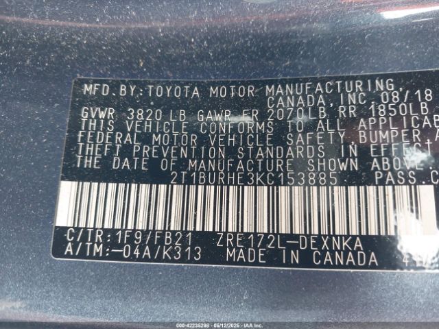2T1BURHE3KC153885 Toyota 2zr-fe