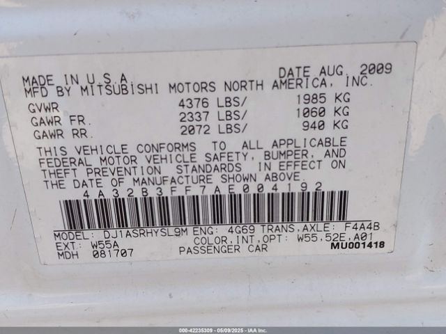 2010 MITSUBISHI GALANT 4A32B3FF7AE004192 Photo 8