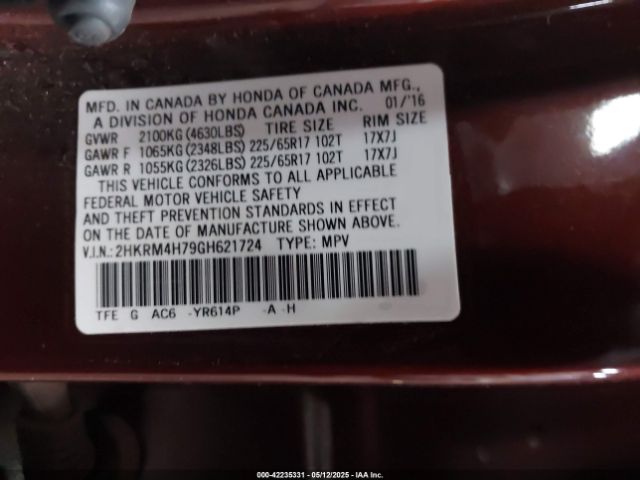 2HKRM4H79GH621724 Honda Cr-v Ex-l