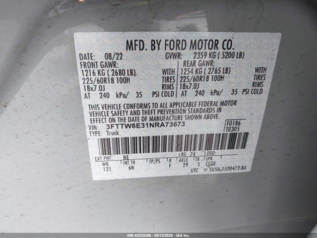 3FTTW8E31NRA73673 Ford Maverick Lariat