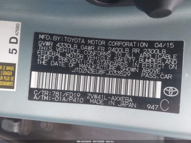 JTDZN3EU8FJ033529 Toyota Prius V Three