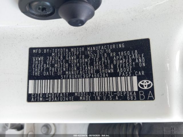5YFBURHE9GP466284 Toyota COROLLA L