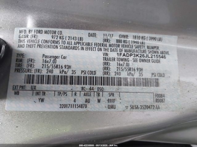 1FADP3K26JL215546 Ford FOCUS SE
