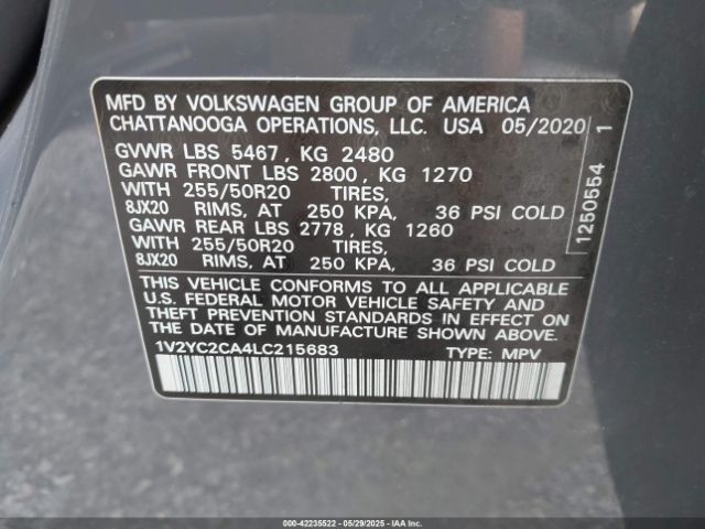 1V2YC2CA4LC215683 Volkswagen Atlas Cross Sport 2.0t Se W/technology/2.0t Se W/technology R-line