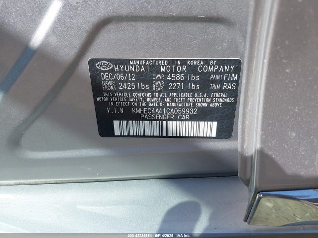 Продажа на аукционе авто 2012 Hyundai Sonata Hybrid, vin: KMHEC4A41CA059932, номер лота: 42235554