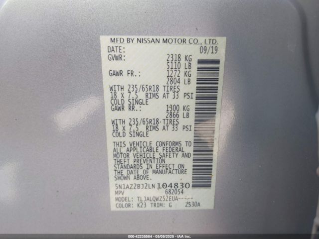 5N1AZ2BJ2LN104830 Nissan Murano Sv Fwd