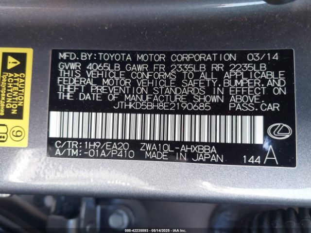 JTHKD5BH8E2190685 Lexus CT 200H