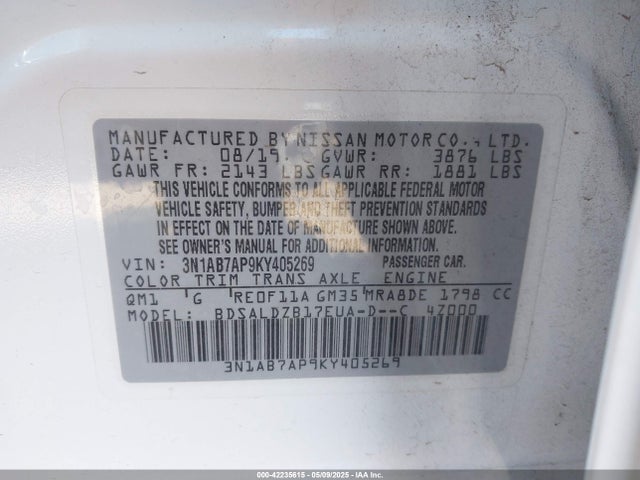 3N1AB7AP9KY405269 Nissan SENTRA SV