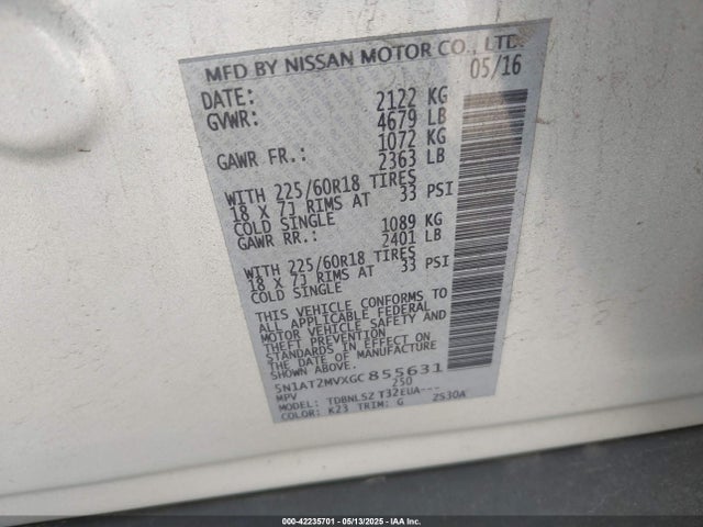 5N1AT2MVXGC855631 Nissan Rogue Sl