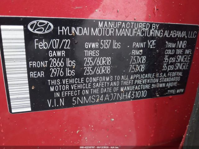 5NMS24AJ7NH431010 Hyundai Santa Fe Sel