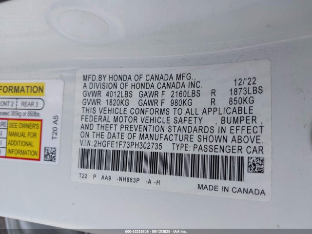 Honda Civic Ex /ex W/o Bsi 2023 2HGFE1F73PH302735 Image 9