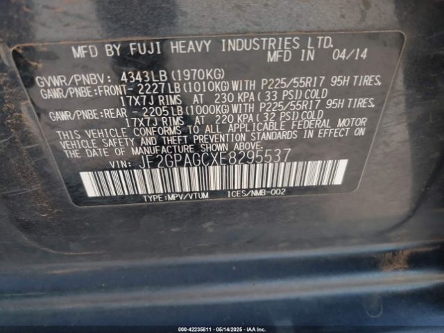 JF2GPAGCXE8295537 Subaru Xv Crosstrek 2.0i Limited