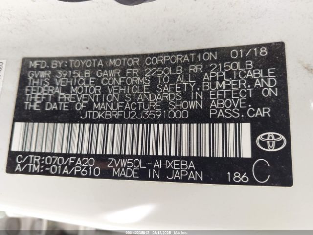 JTDKBRFU2J3591000 Toyota 2zr-fxe,1nm