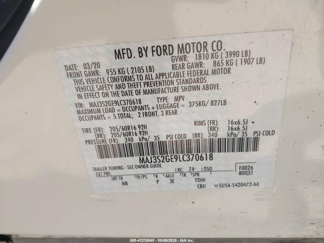 MAJ3S2GE9LC370618 Ford Ecosport Se