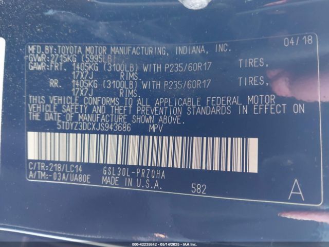 5TDYZ3DCXJS943686 Toyota Sienna Xle 8 Passenger