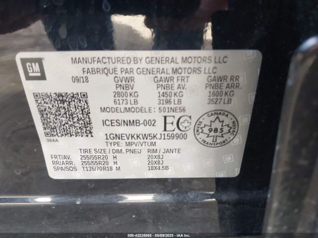 1GNEVKKW5KJ159900 Chevrolet Traverse Premier