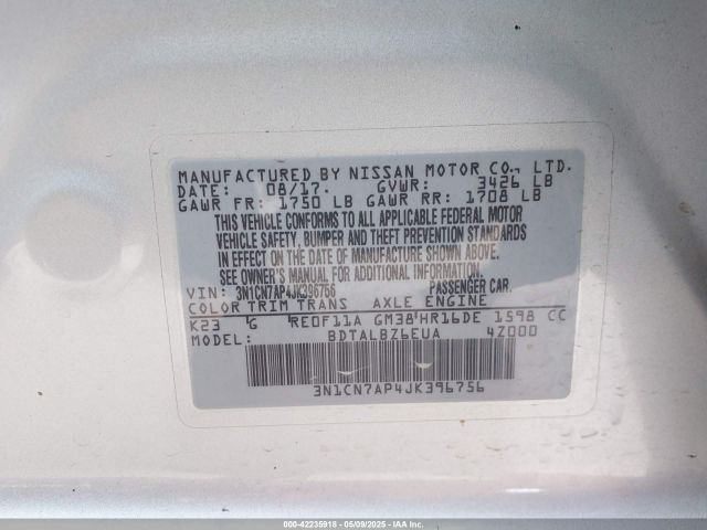 3N1CN7AP4JK396756 Nissan Versa 1.6 Sv