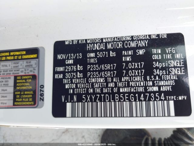 5XYZTDLB5EG147354 Hyundai Santa Fe Sport 2.4l