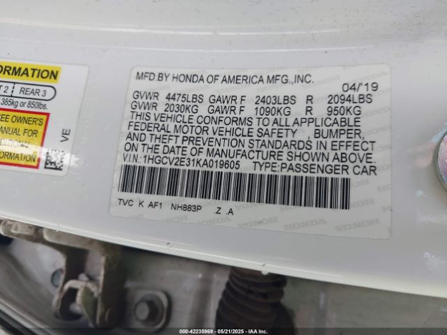 1HGCV2E31KA019605 Honda k20c4