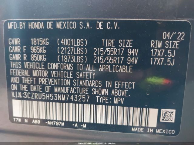 3CZRU5H53NM743257 Honda r18z9