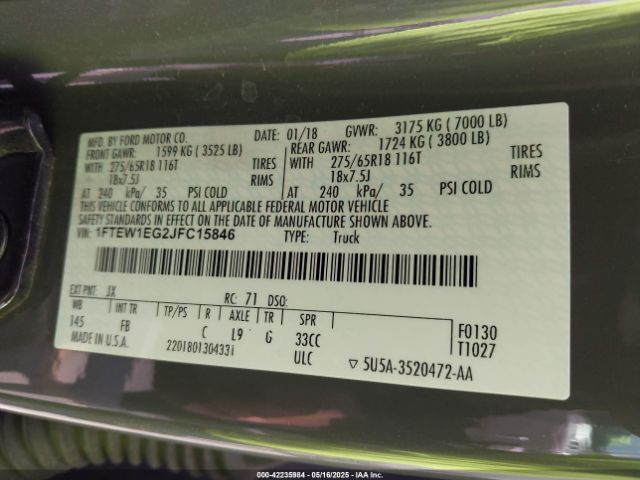 1FTEW1EG2JFC15846 Ford F-150 Xlt