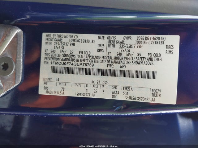 1FMCU0F74GUA76759 Ford ESCAPE S